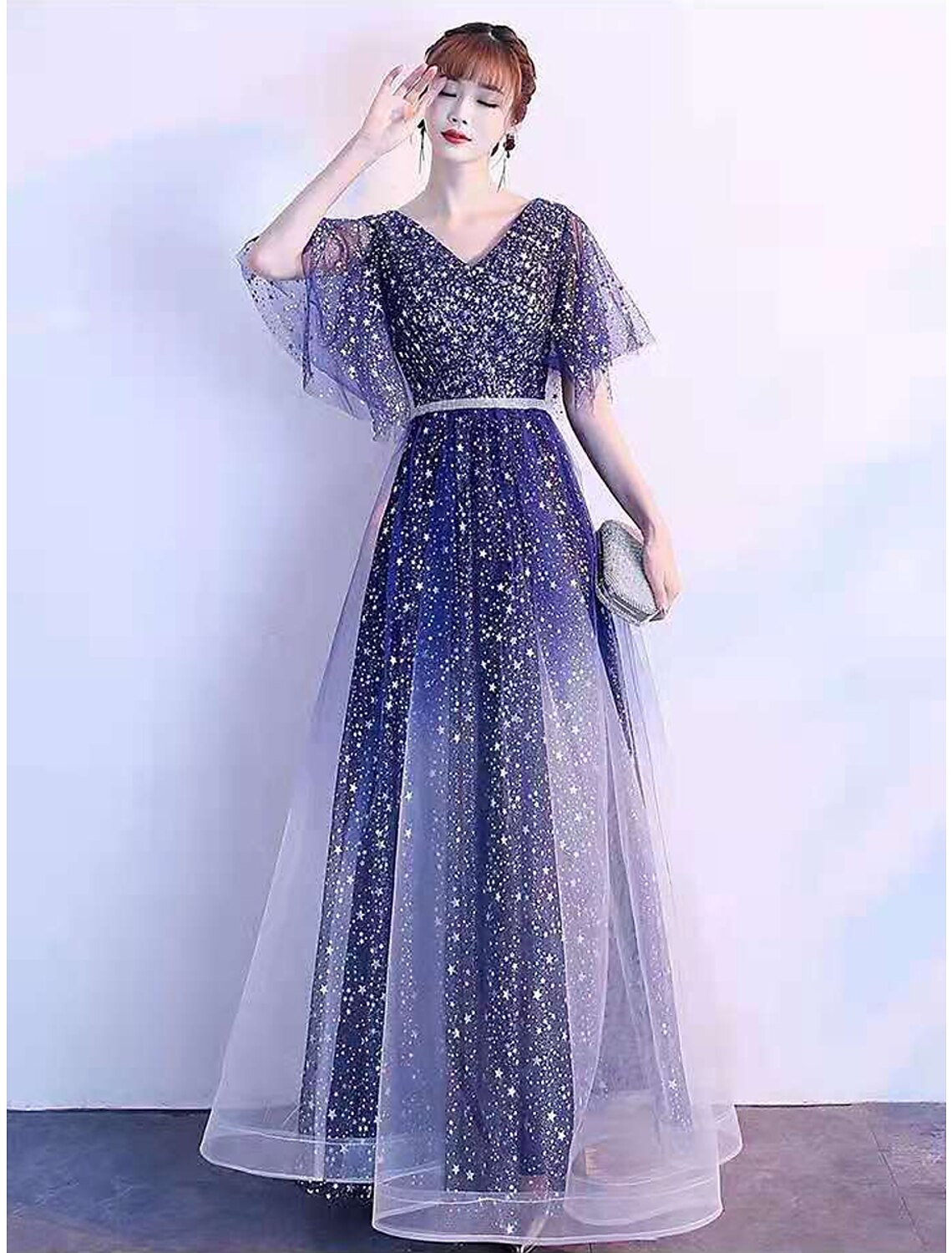 Wholesale  A-Line Ombre Prom Birthday Dress V Neck Short Sleeve Floor Length Tulle with Sash / Ribbon Crystals